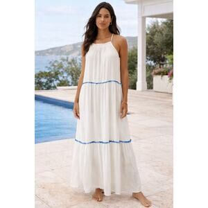 Rachel Zoe White Blue Trim Tiered Maxi Dress Rayon Boho Resort Women 10